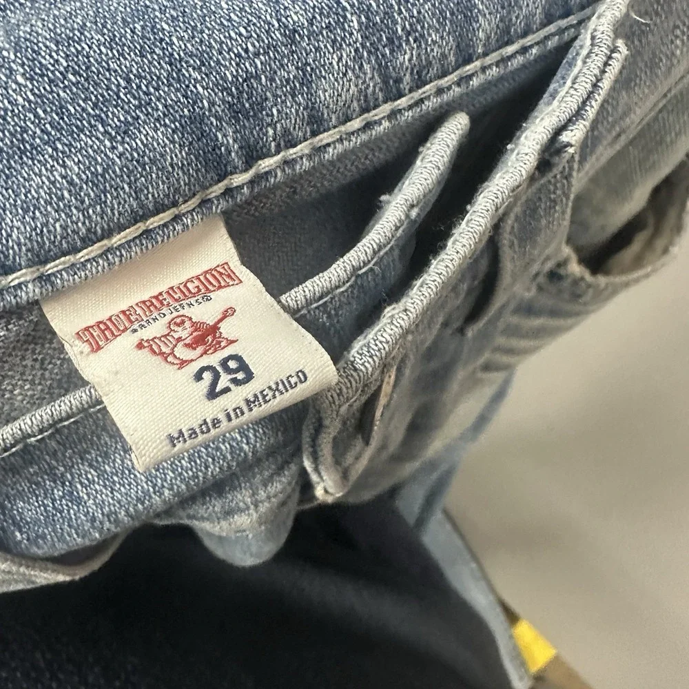 True Religion Jeans Mens 29x34 Moto Slim Big T Denim‎ Pants Biker Flap destroyed